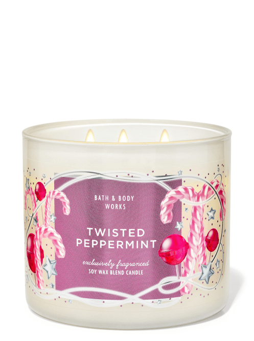 Twisted Peppermint 3-Wick Candle in a white jar.
