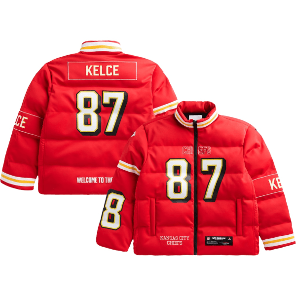 Off Season Travis Kelce Kansas City Chiefs Unisex Player Puffer Jacket front and back