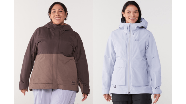 Two models wearing REI Co-op ski jackets