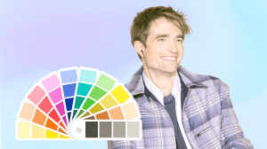 Robert Pattinson next to color swatches.