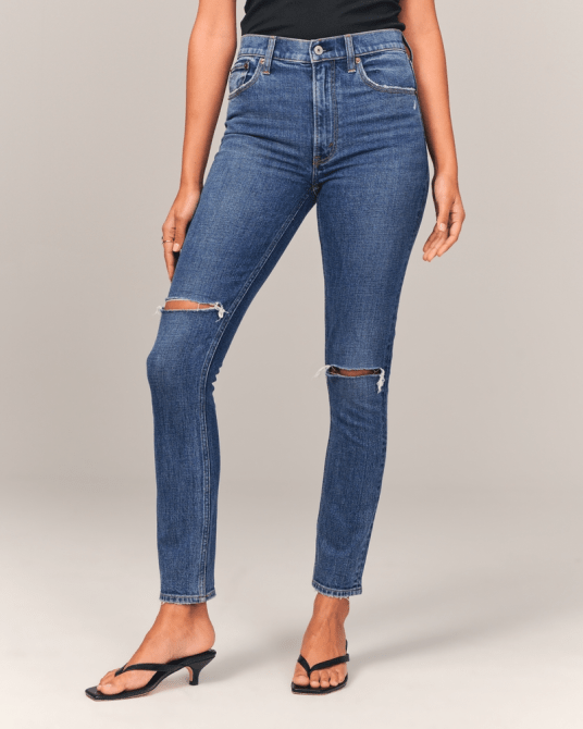 Abercrombie & Fitch High Rise Skinny Jean in blue destroyed wash