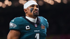 NEW ORLEANS, LA - FEBRUARY 09: Jalen Hurts #1 of the Philadelphia Eagles walks off the field after warmups prior to Super Bowl LIX against the Kansas City Chiefs at Caesars Superdome on February 9, 2025 in New Orleans, Louisiana.