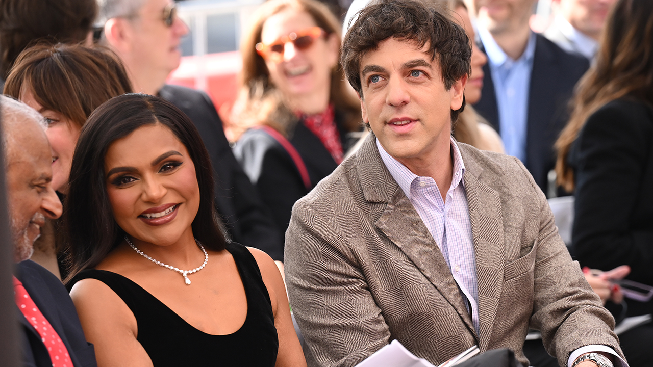 Mindy Kaling, B. J. Novak at the ceremony honoring Mindy Kaling with a Star On The Hollywood Walk Of Fame on February 18, 2025 in Hollywood, California.