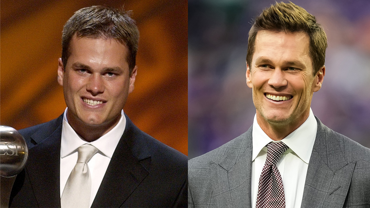 Tom Brady in 2002 and in 2025