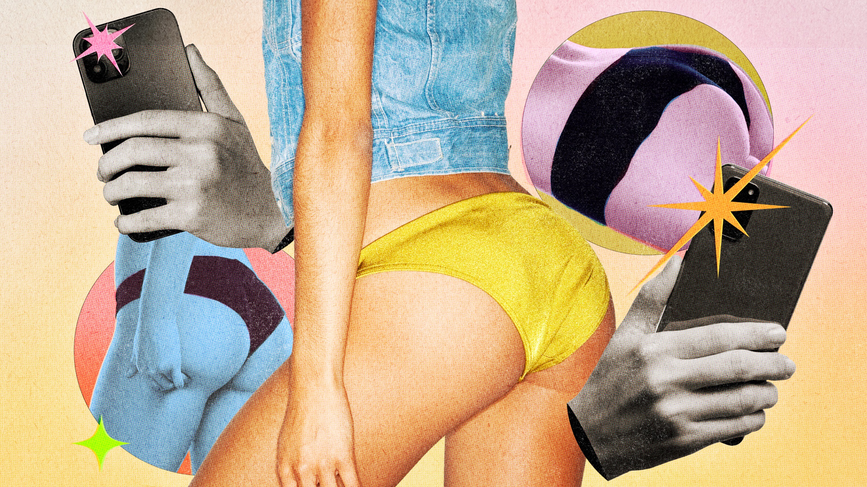 A collage of a woman's butt surrounded by phone cameras