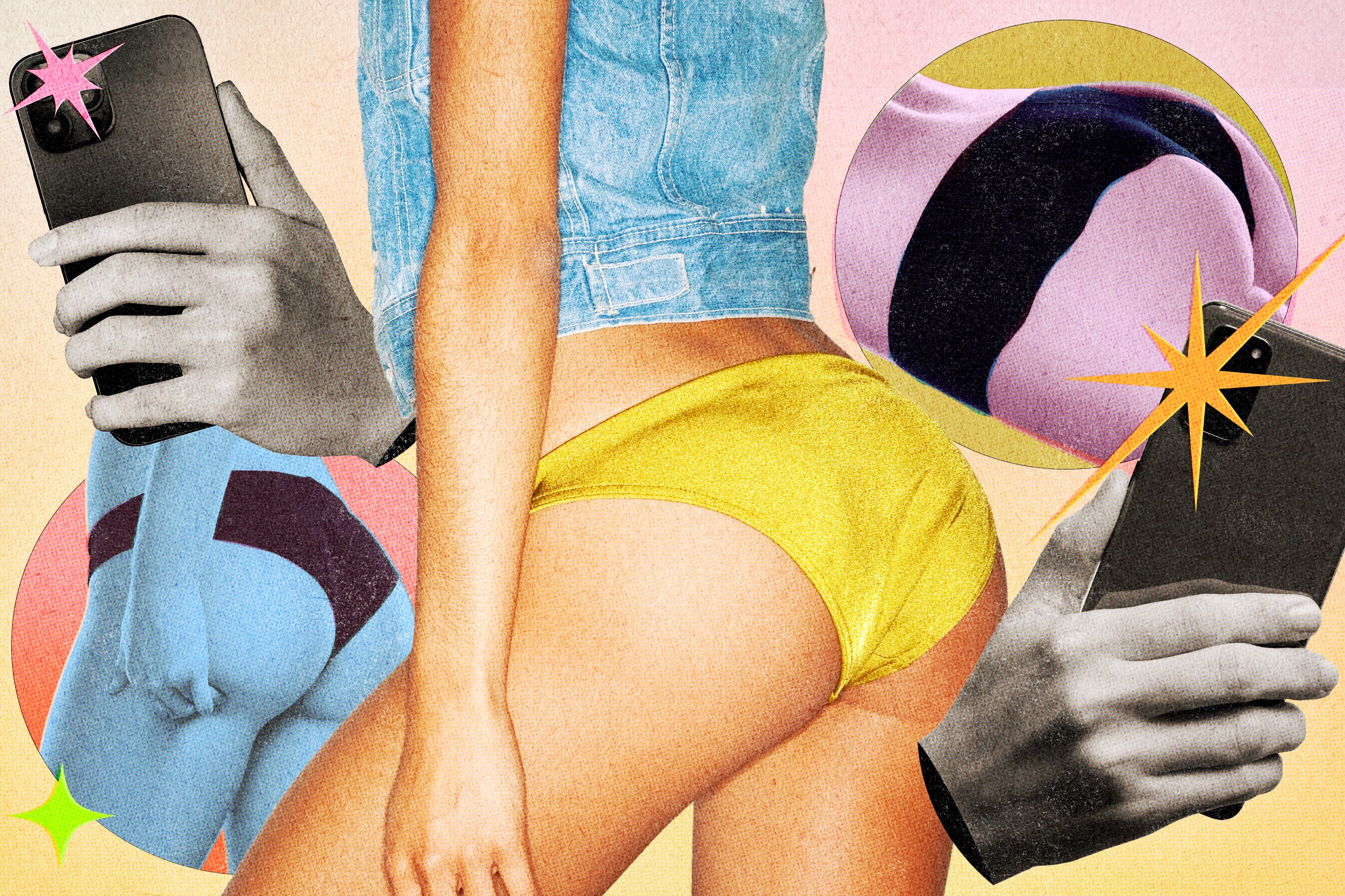 A collage of a woman's butt surrounded by phone cameras