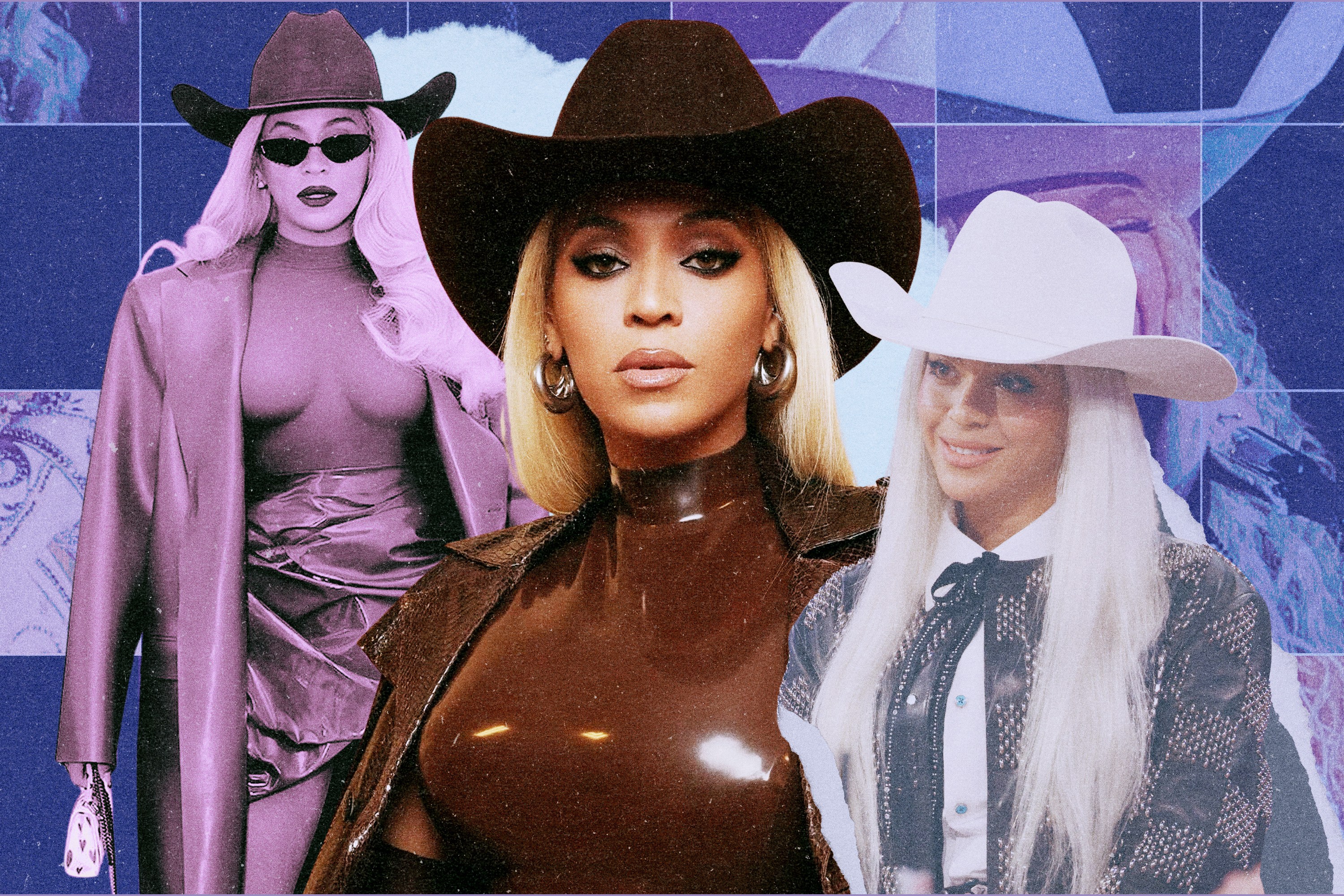 Three photos of Beyoncé wearing cowboy hats, with blue and purple photo editing treatments