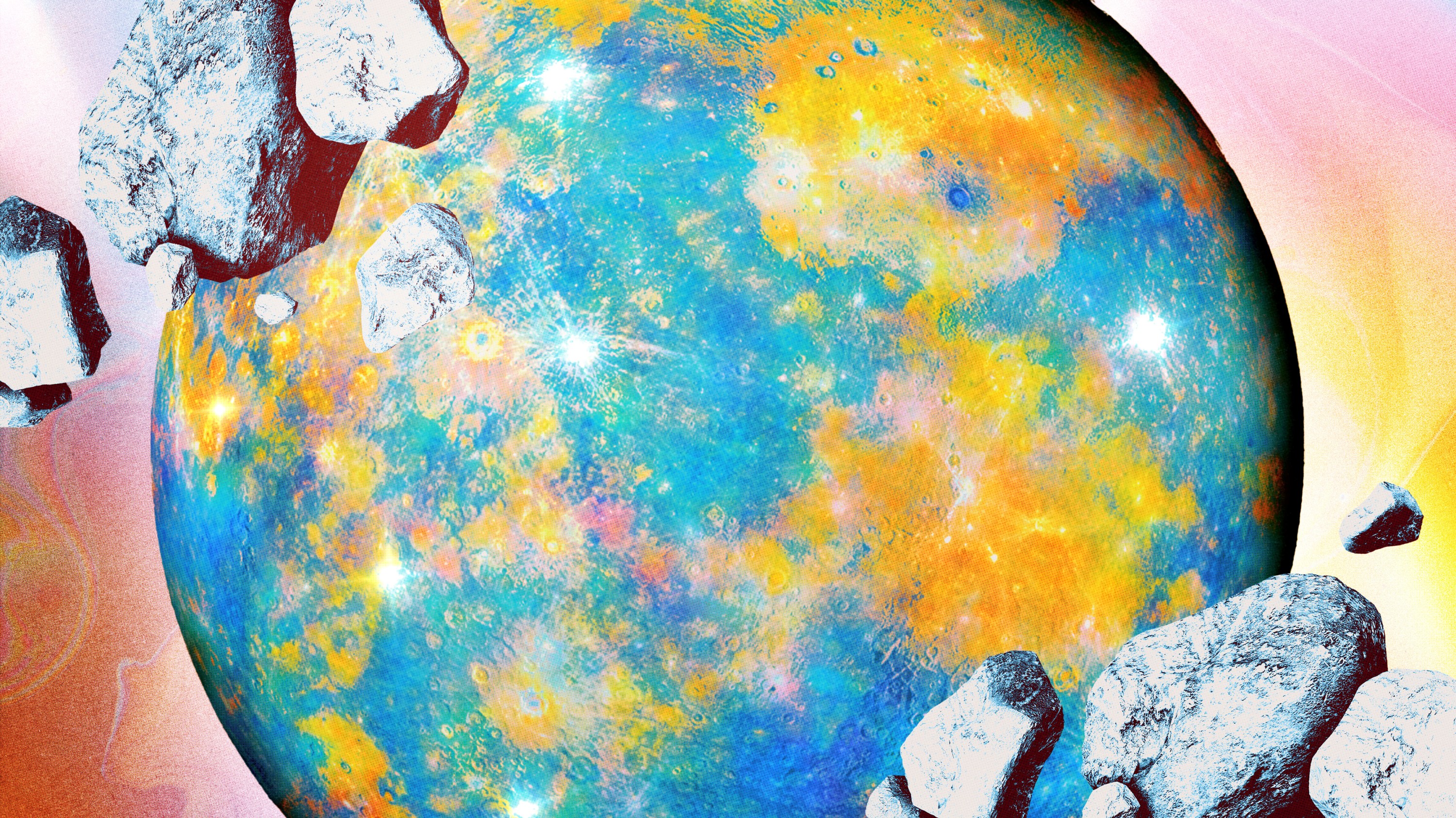 Planet Mercury in bright neon colors, surrounded by floating comets.