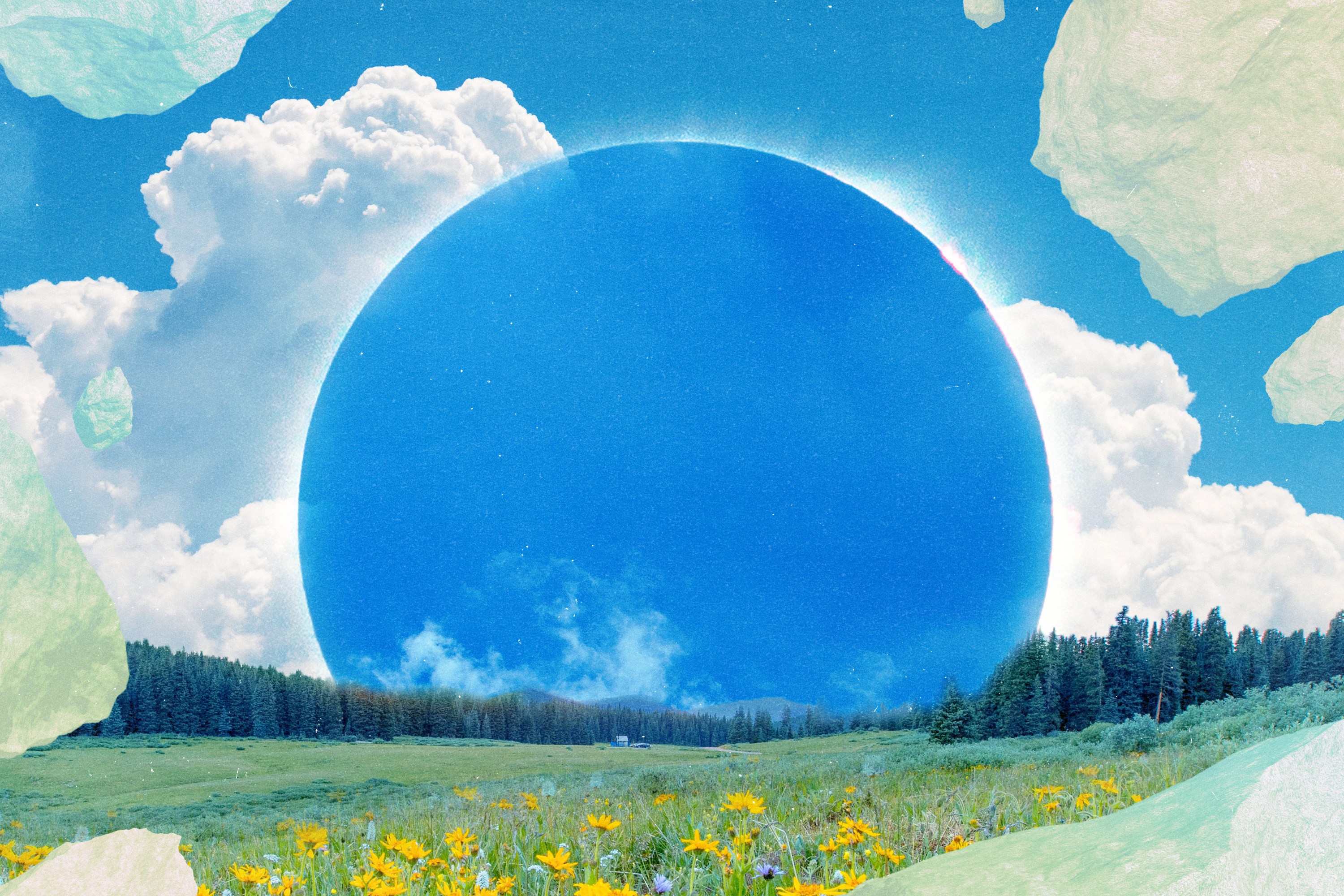 A big blue planet above a field of flowers, surrounded by comets and clouds in a sunny sky
