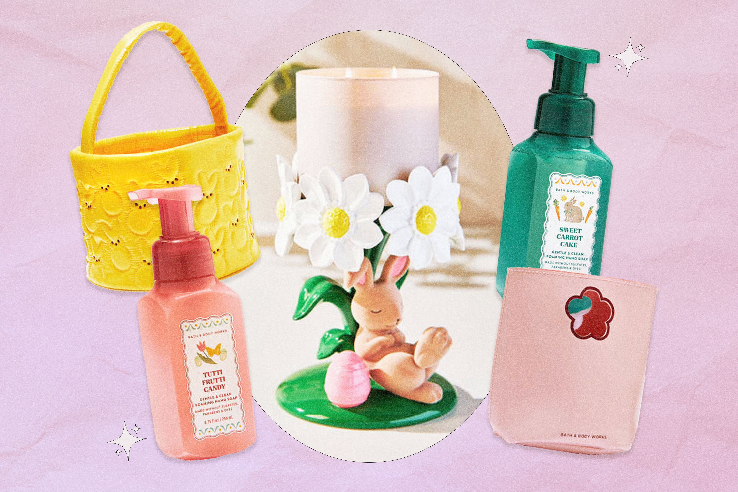 Left to Right: PEEPS x Bath & Body Works puffy yellow Easter bag; Tutti Frutti Candy hand soap; bunny and flower candle holder; Sweet Carrot Cake hand soap; light pink flower cutout gift bag