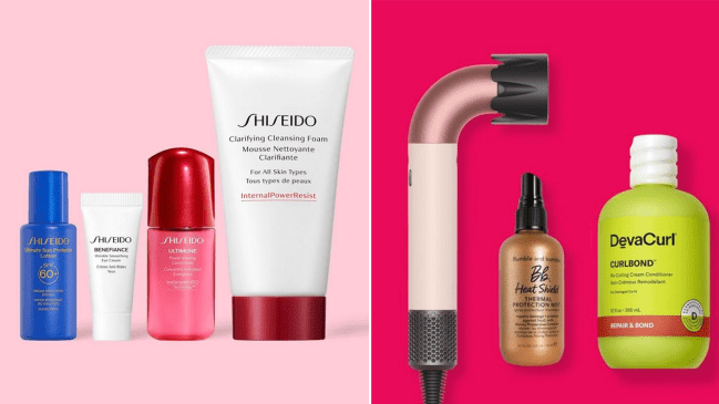 Left: four Shiseido products; Right: a hair tool and two hair products.