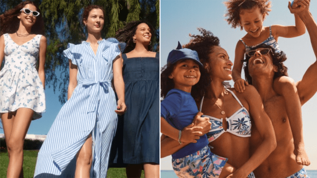 Left: three models walking and wearing Walmart spring dresses; Right: a family of four on the beach wearing Walmart swimwear.