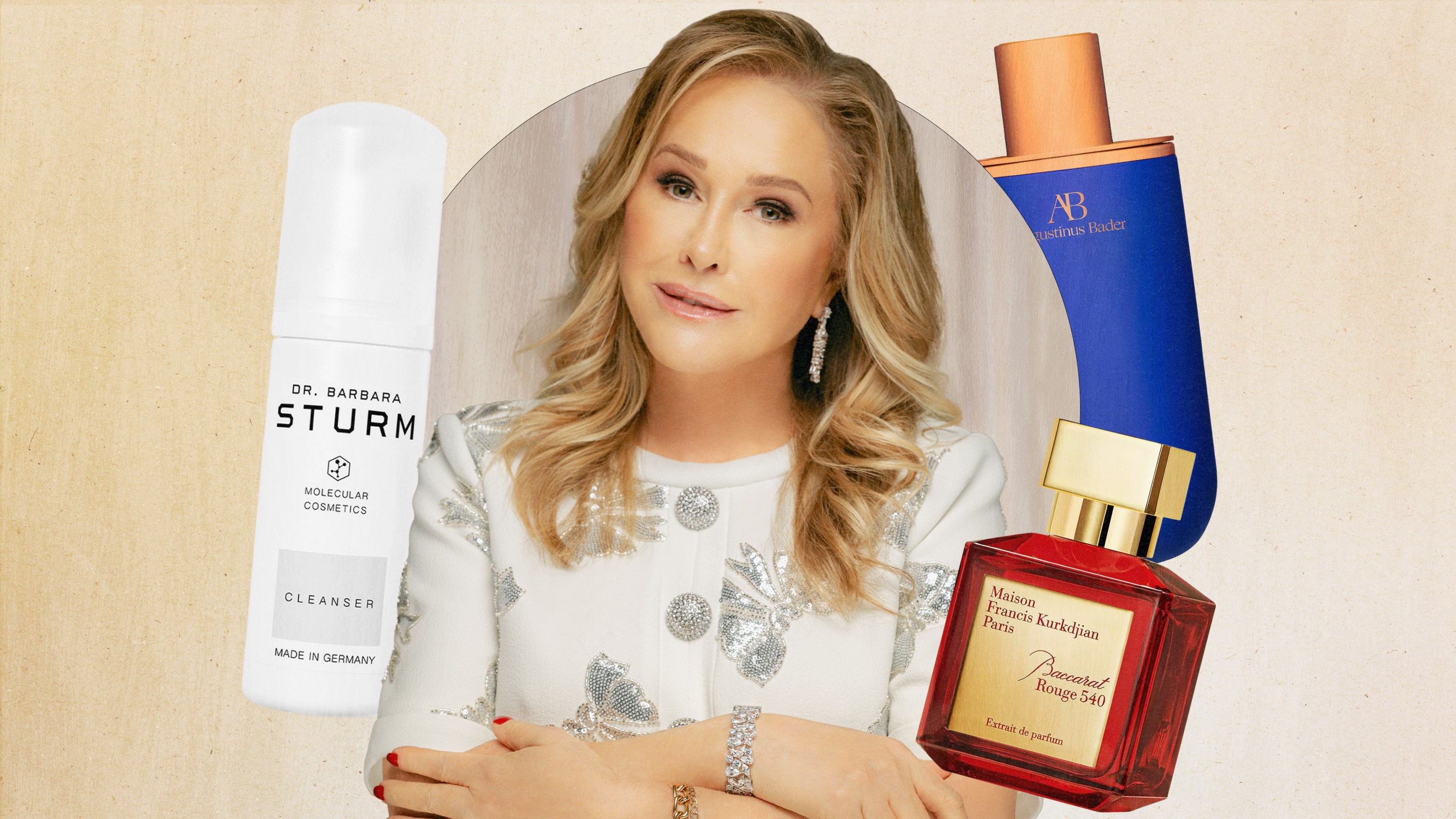 kathy hilton posing alongside some of her favorite skincare products