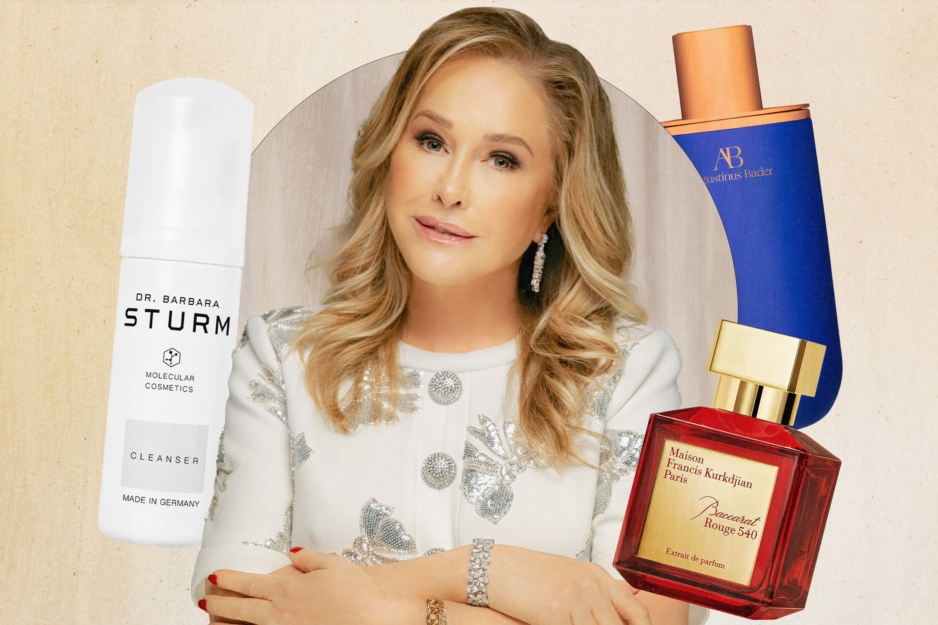 kathy hilton posing alongside some of her favorite skincare products