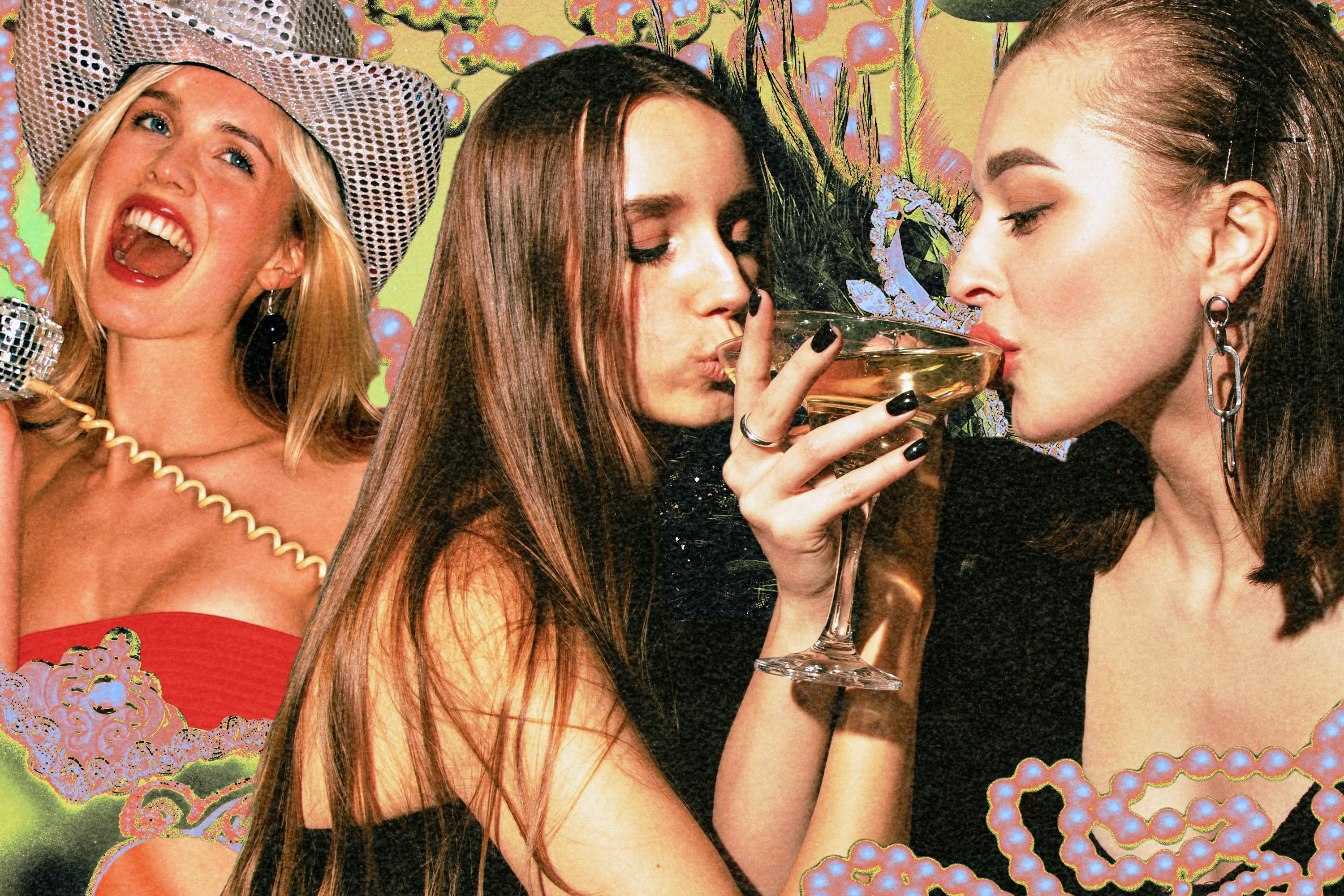 A collage of three women and various party items.