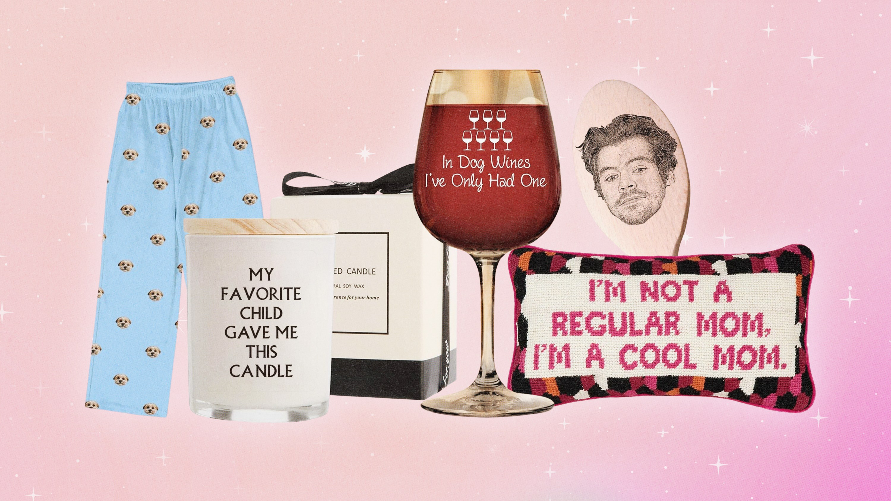 A collage of various items including pajama pants, a candle, a wine glass, pillow, and spoon.