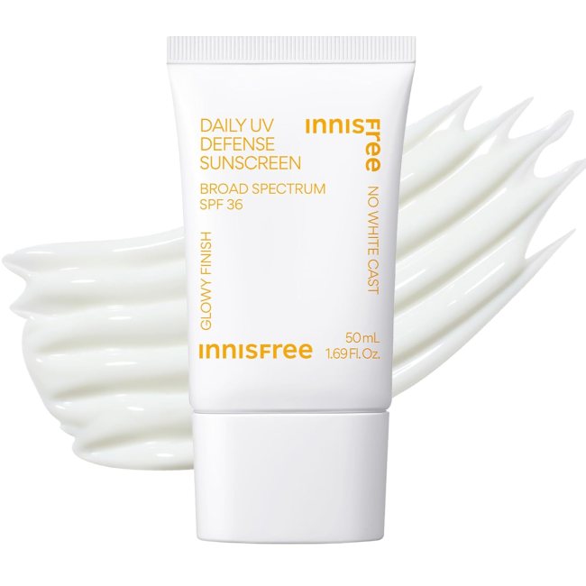 The Innisfree Daily UV Defense Sunscreen in a white bottle.