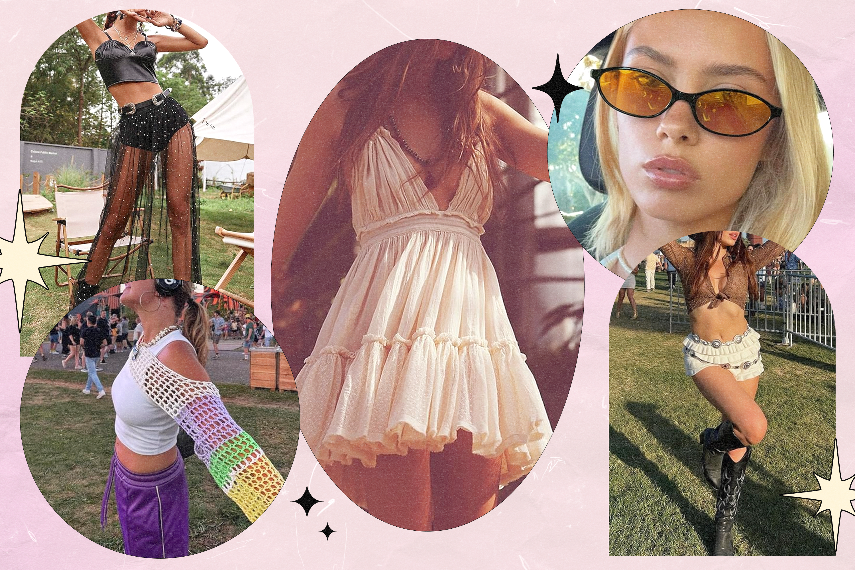 Left to Right: a woman wearing a sheer black sparkly maxi skirt; a woman wearing a white tank top, purple pants, and a multi-color crochet bolero shrug; a woman wearing an strapless, off-white flowy, tiered mini dress; a woman wearing black sunglasses with yellow-orange tinted lenses; a woman wearing a brown top with white crochet ruffle bloomer shorts, a chunky metal belt, and black cowboy boots.