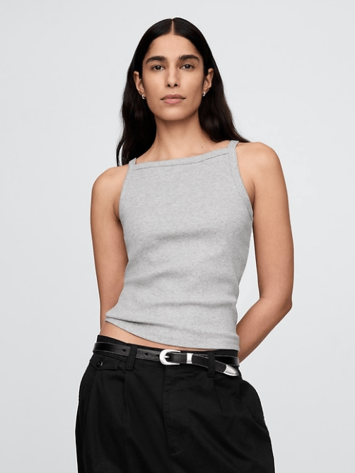 A model wearing the GAP Modern Apron-Neck Tank Top in light grey