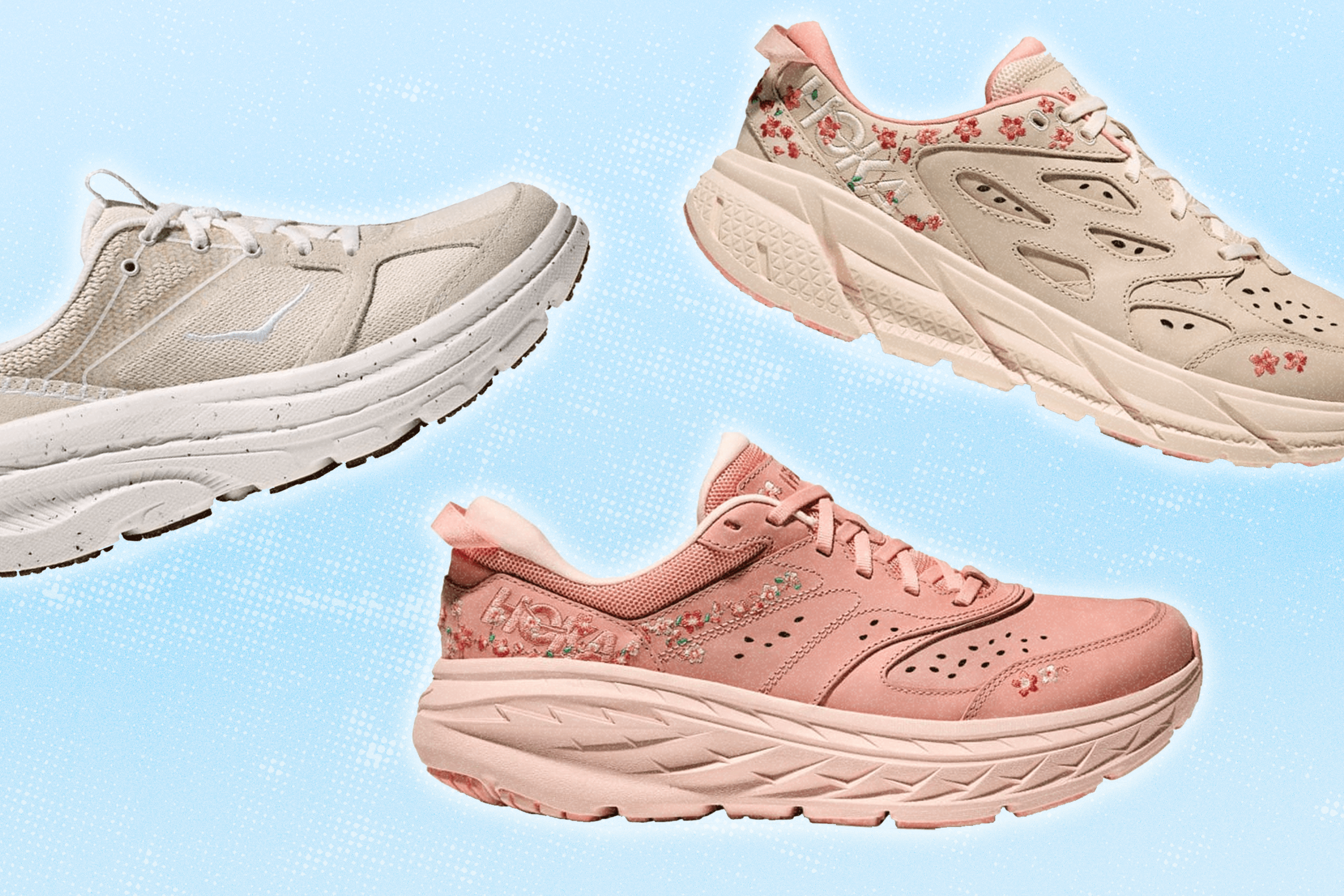Three pairs of sneakers from HOKA's new 'Vibrant Bloom' Collection