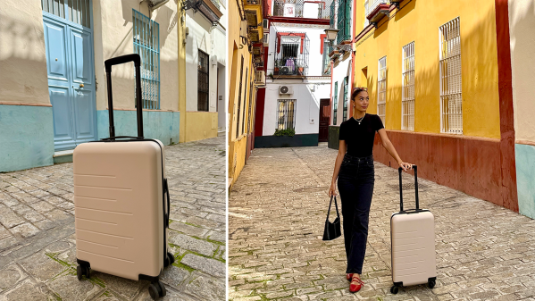Left: a photo taken by writer Jenzia Burgos of Quince's Small Carry-On Suitcase in Tan; Right: writer Jenzia Burgos standing with Quince's Small Carry-On Suitcase in Tan