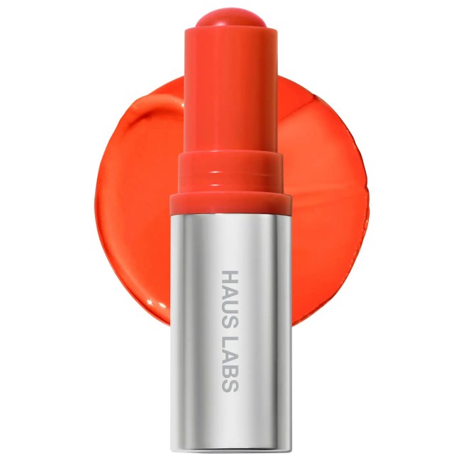 Haus Labs Color Fuse Glassy Blush Balm Stick in Glassy Tangelo in a silver stick.