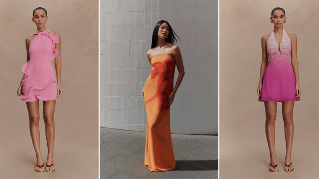Three models wearing Meshki dresses in pink and orange colorways