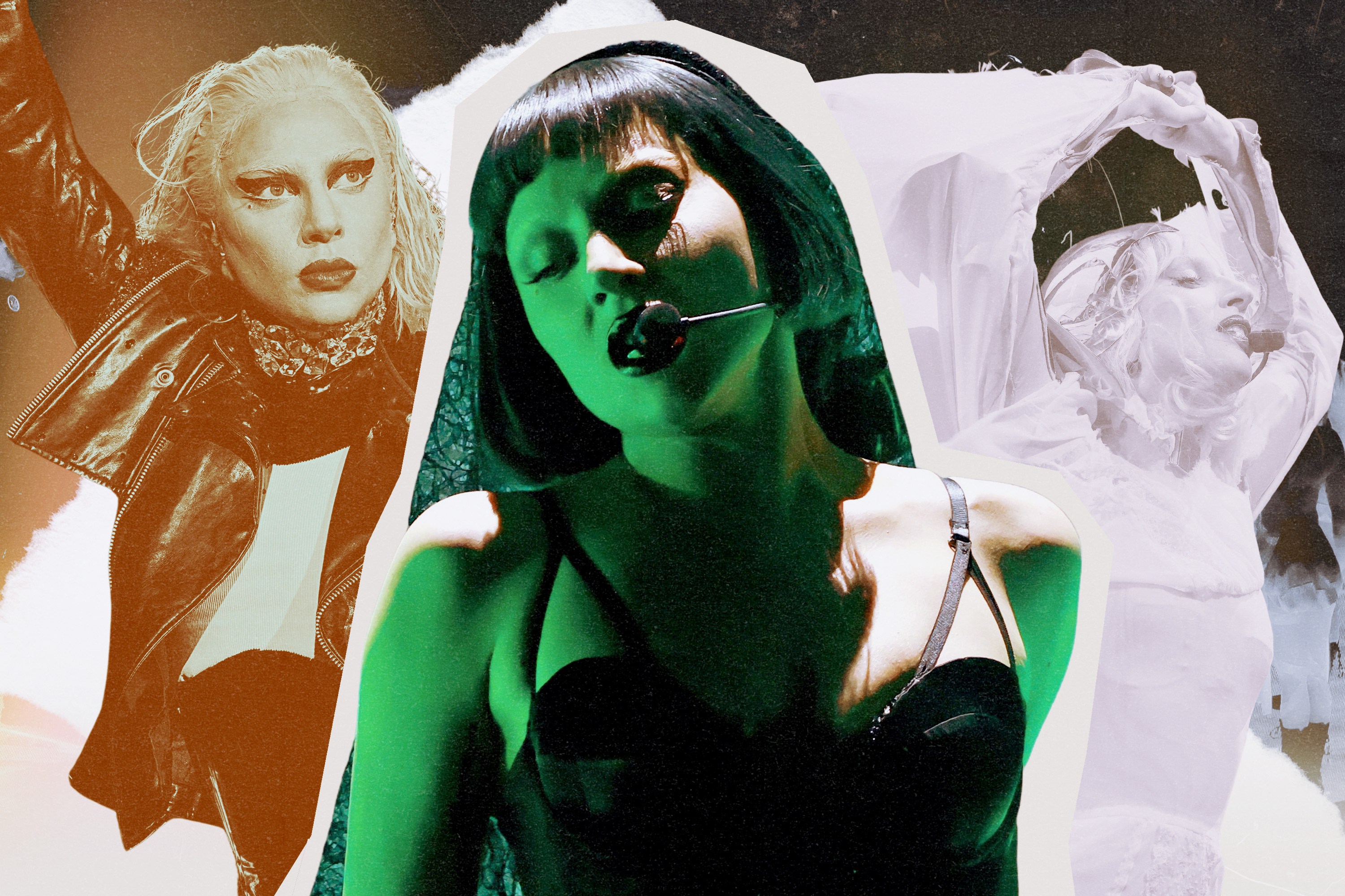 A collage of three images of Lady Gaga performing