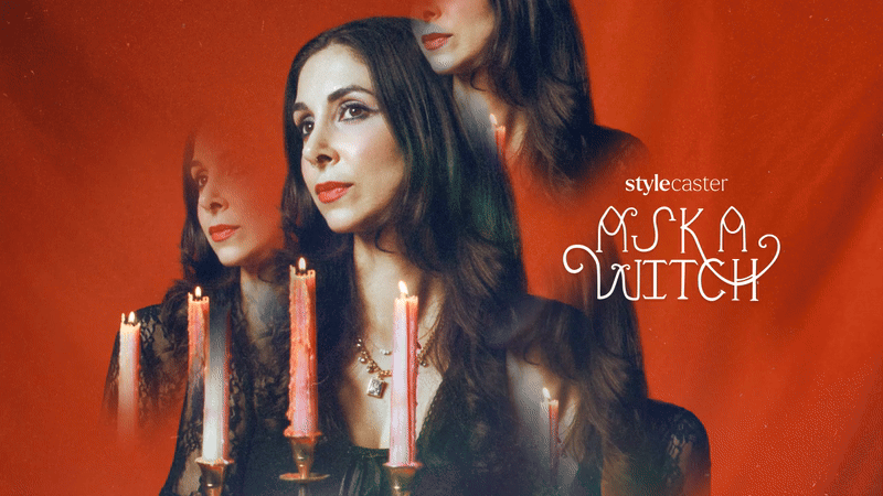 Ask a Witch advice columnist Roya Backlund holding a candelabra in a floating gif