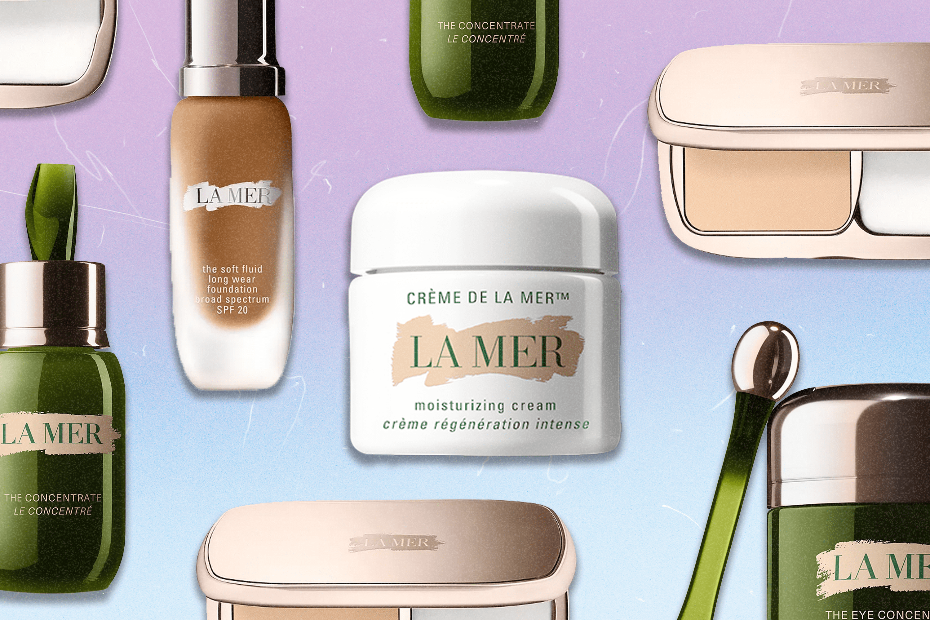 A mix of La Mer skincare and makeup products.