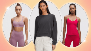 Left to Right: a Lululemon model wearing a dusty pink sports bra and matching leggings; a Lululemon model wearing a navy-gray long-sleeve top and white pants; a Lululemon model wearing a hot pink workout cami top and matching leggings.