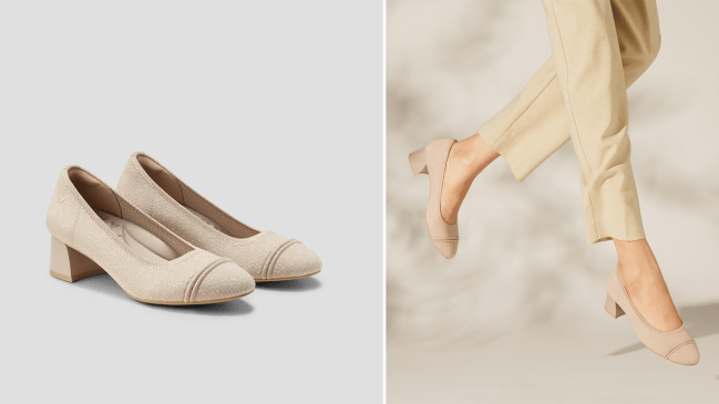 Left: a product shot of the Vivaia Julie Pro Almond-Toe Chunky Heels in a beige colorway; Right: a model jumping in the air wearing the Vivaia Julie Pro Almond-Toe Chunky Heels in a beige colorway.