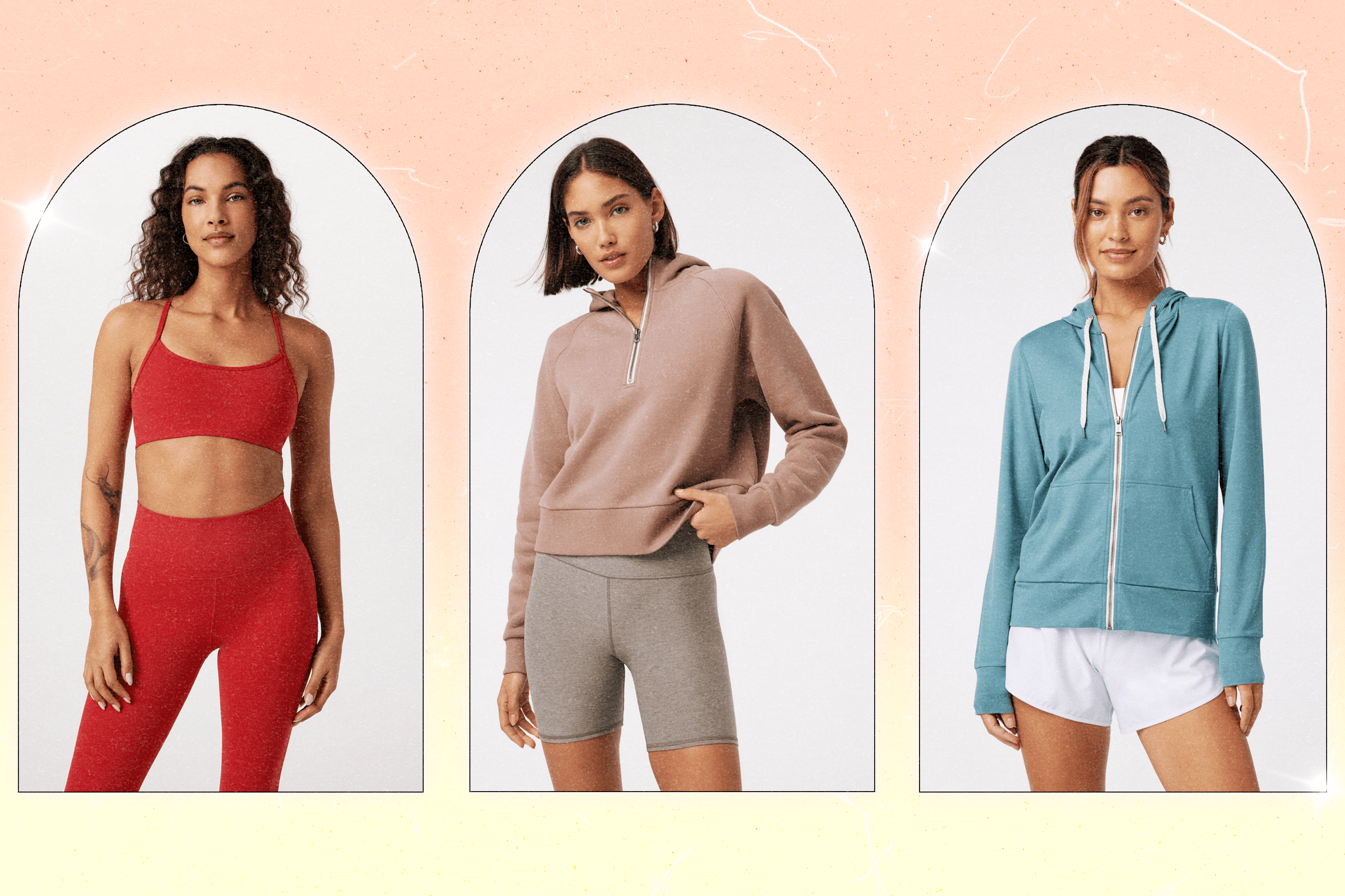 Three models wearing Vuori activewear (sports bra, leggings, half-zip hoodie, biker shorts, zip-up hoodie, and shorts)