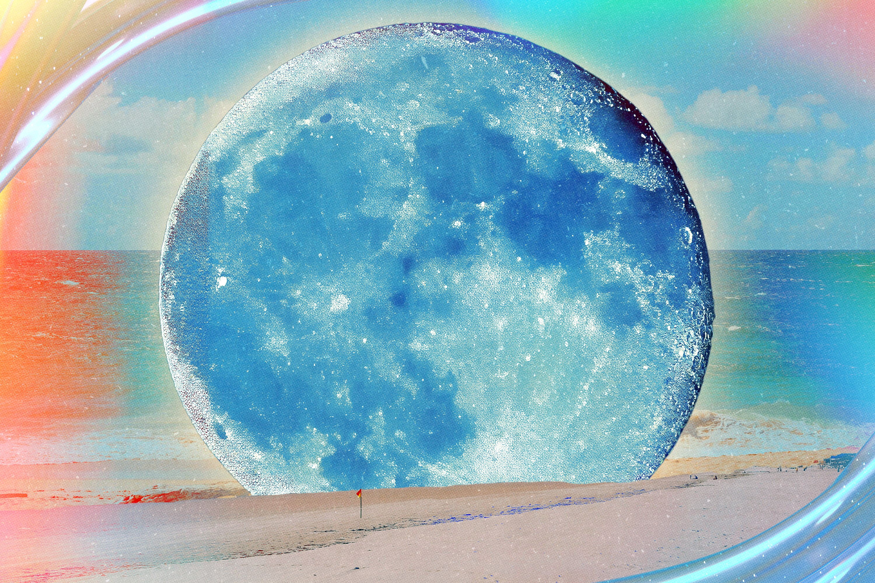 A full moon rising over the ocean surrounded by rainbow prisms