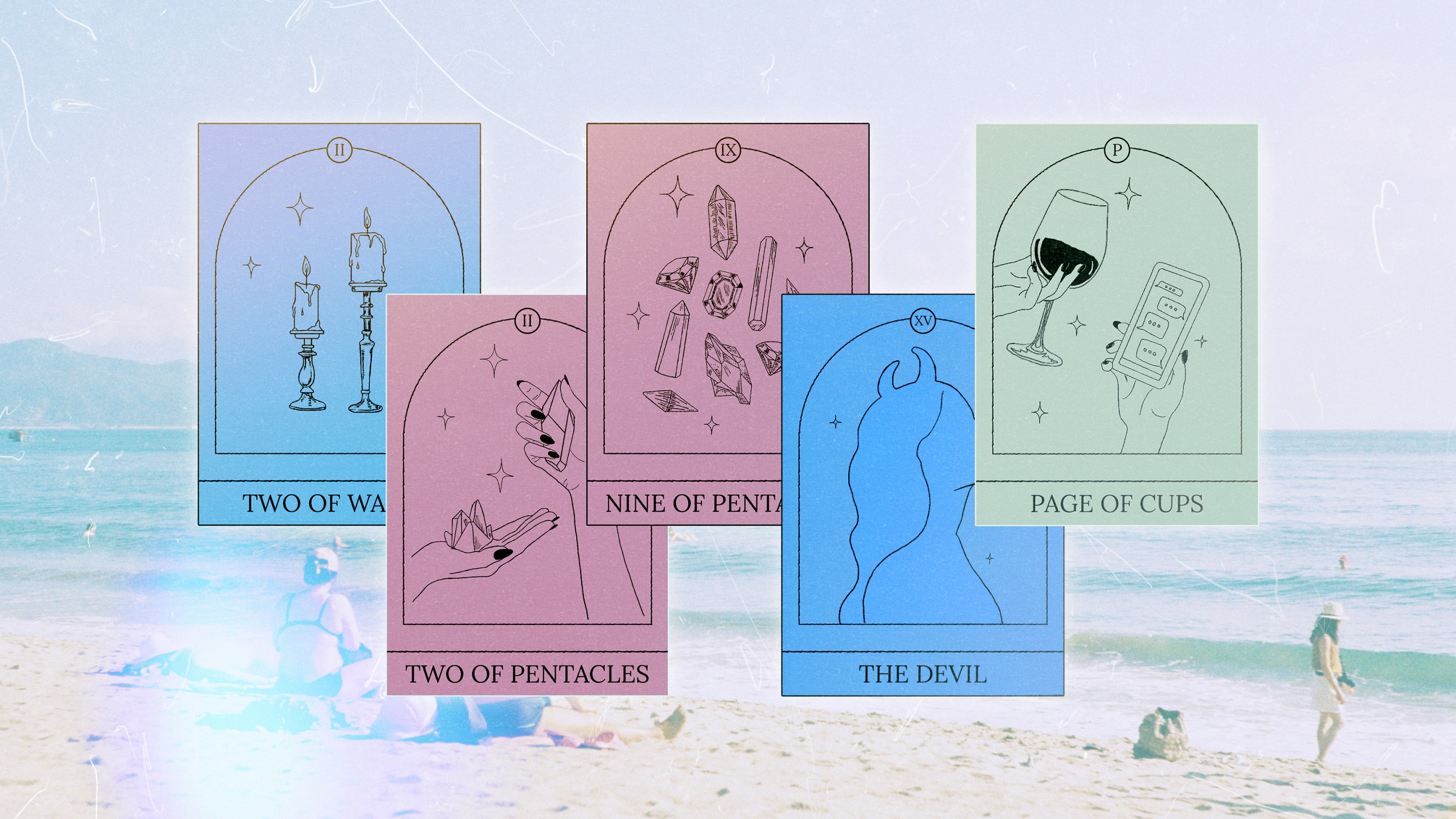 A series of Tarot cards over a beachy backdrop