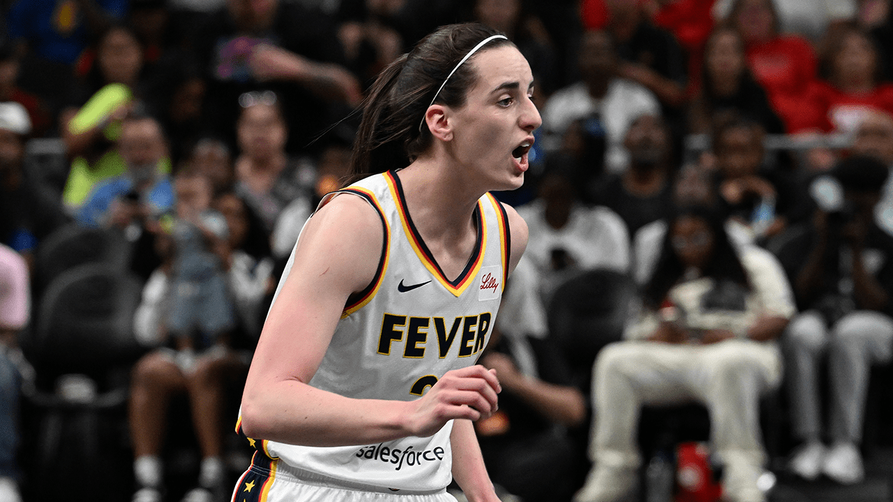 Caitlin Clark #22 of the Indiana Fever reacts against the Atlanta Dream during the fourth quarter at State Farm Arena on May 22, 2025 in Atlanta, Georgia.