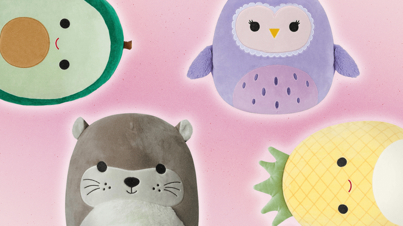 Left to Right: green avocado Squishmallow, light gray otter Squishmallow, purple barn owl Squishmallow, yellow pineapple Squishmallow.