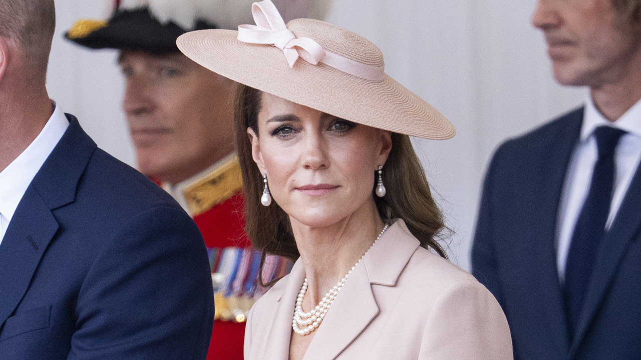 WINDSOR, ENGLAND - JULY 8: Catherine, Princess of Wales during the formal welcome at the Royal Dais on July 8, 2025 in Windsor, England. President Emmanuel Macron and Mrs Brigitte Macron visit the UK in the first visit State Visit made by France in 17 years. They are staying at Windsor Castle, hosted by King Charles III and Queen Camilla, and a banquet will be held there in their honour. The Macrons will visit Imperial College, and the President will address Parliament during his stay.