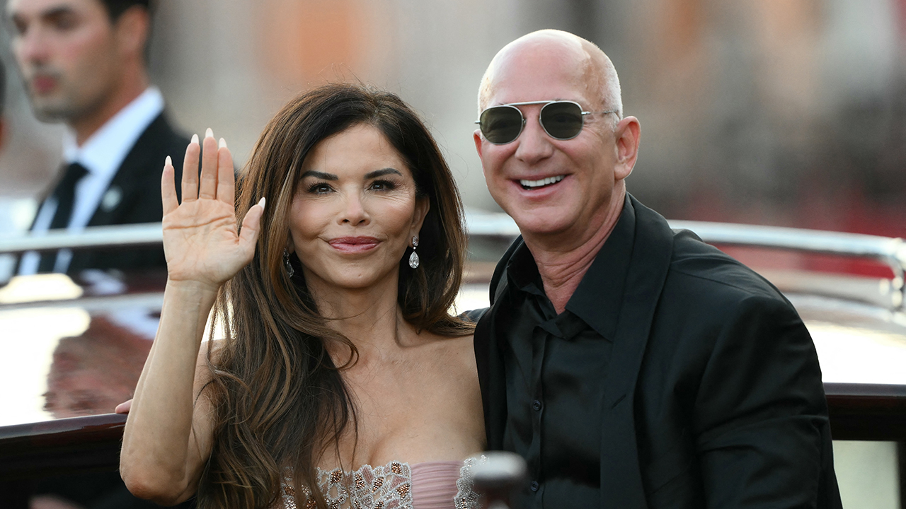 Amazon's founder Jeff Bezos and spouse Lauren Sanchez Bezos leave the Aman Hotel on the third day of their wedding festivities, in Venice on June 28, 2025.