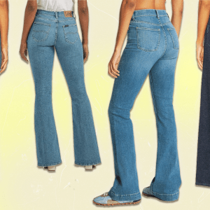 A collage of four models wearing butt-lifting women's jeans from Mother, Lee, Spanx, and Paige.