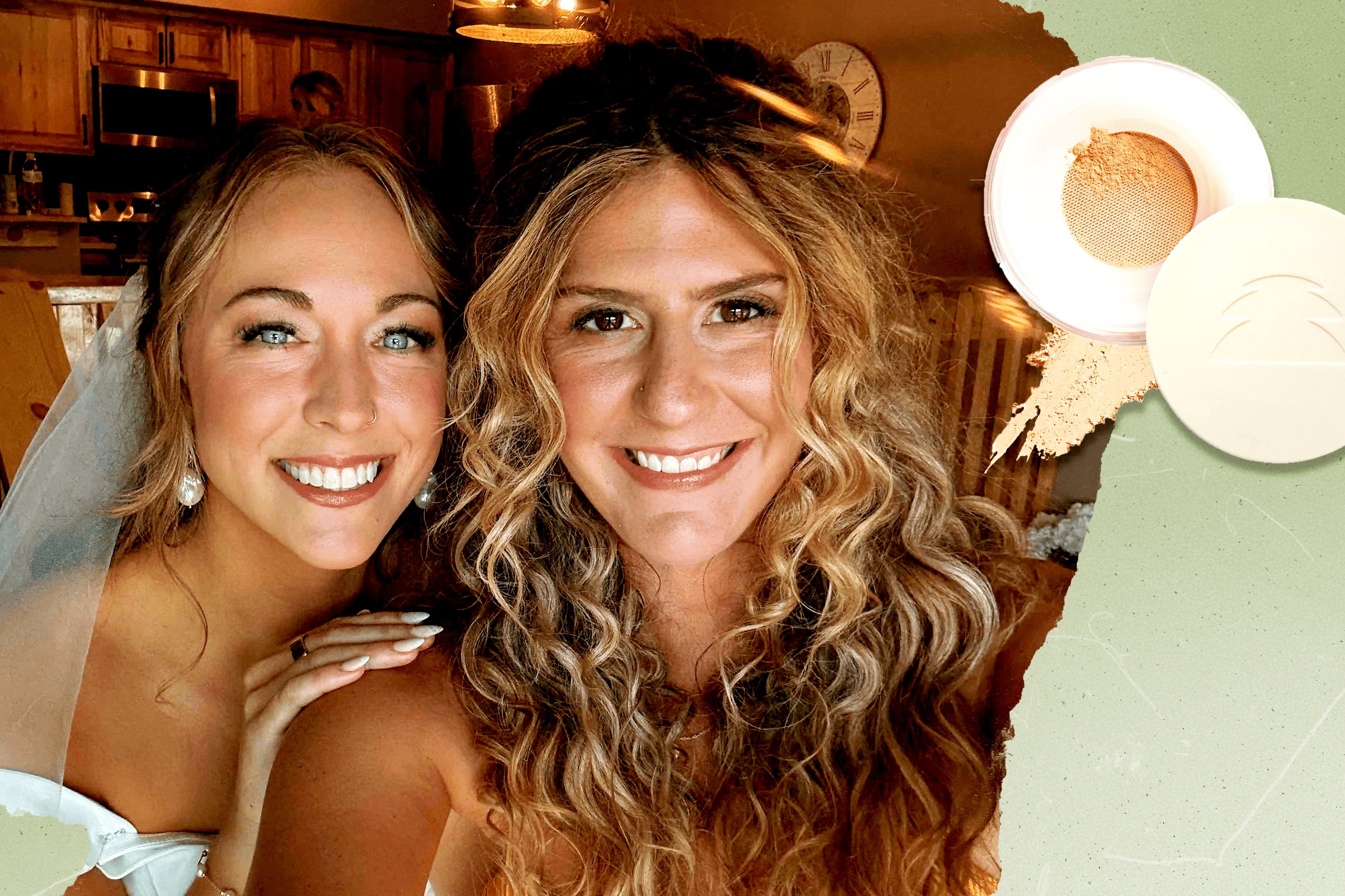 A photo of Francesca Krempa wearing Caliray's setting powder at a wedding next to a product image of Caliray's setting powder
