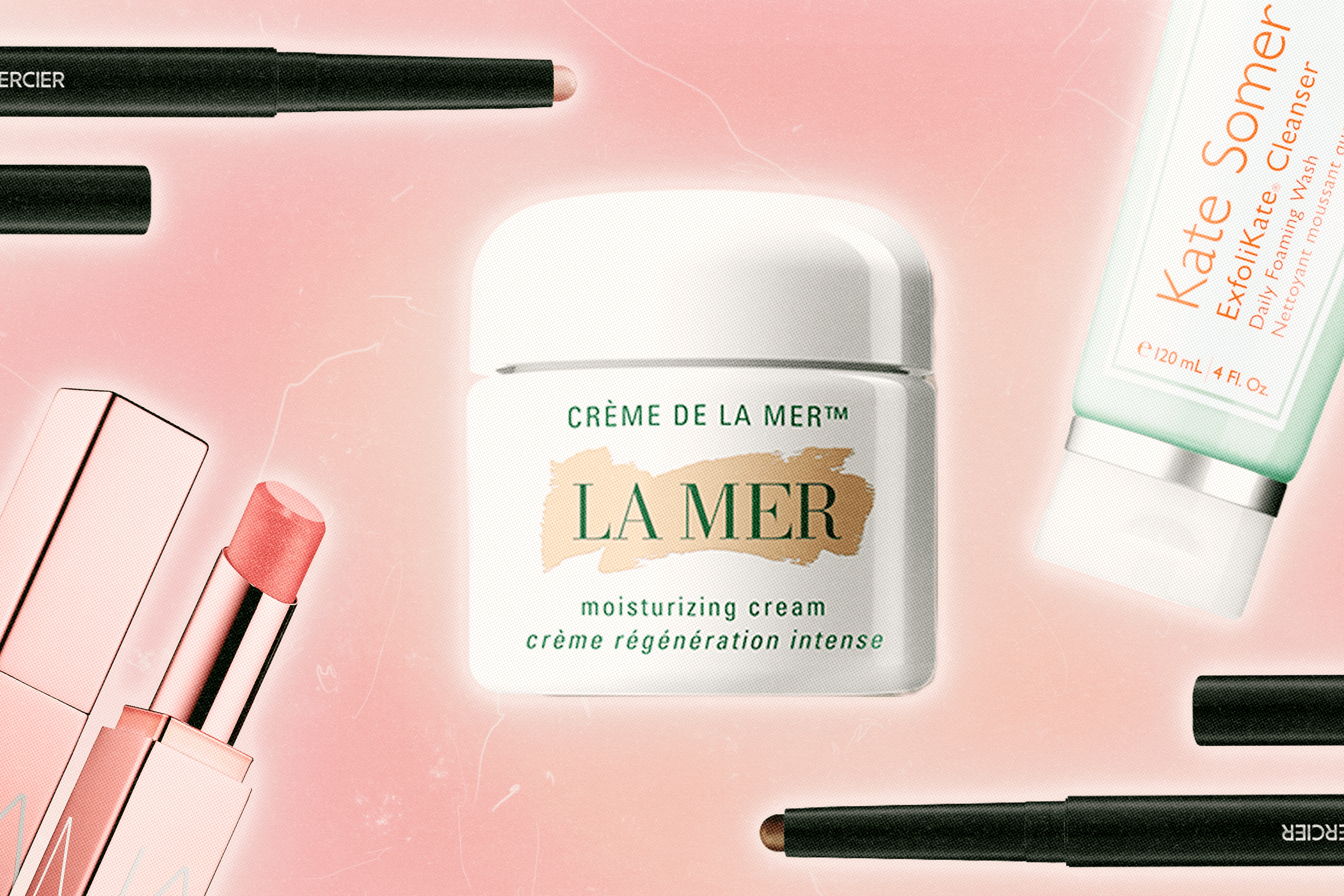 Laura Mercier eyeshadow sticks, NARS tinted lip balm, La Mer moisturizer, and Kate Somerville face cleanser