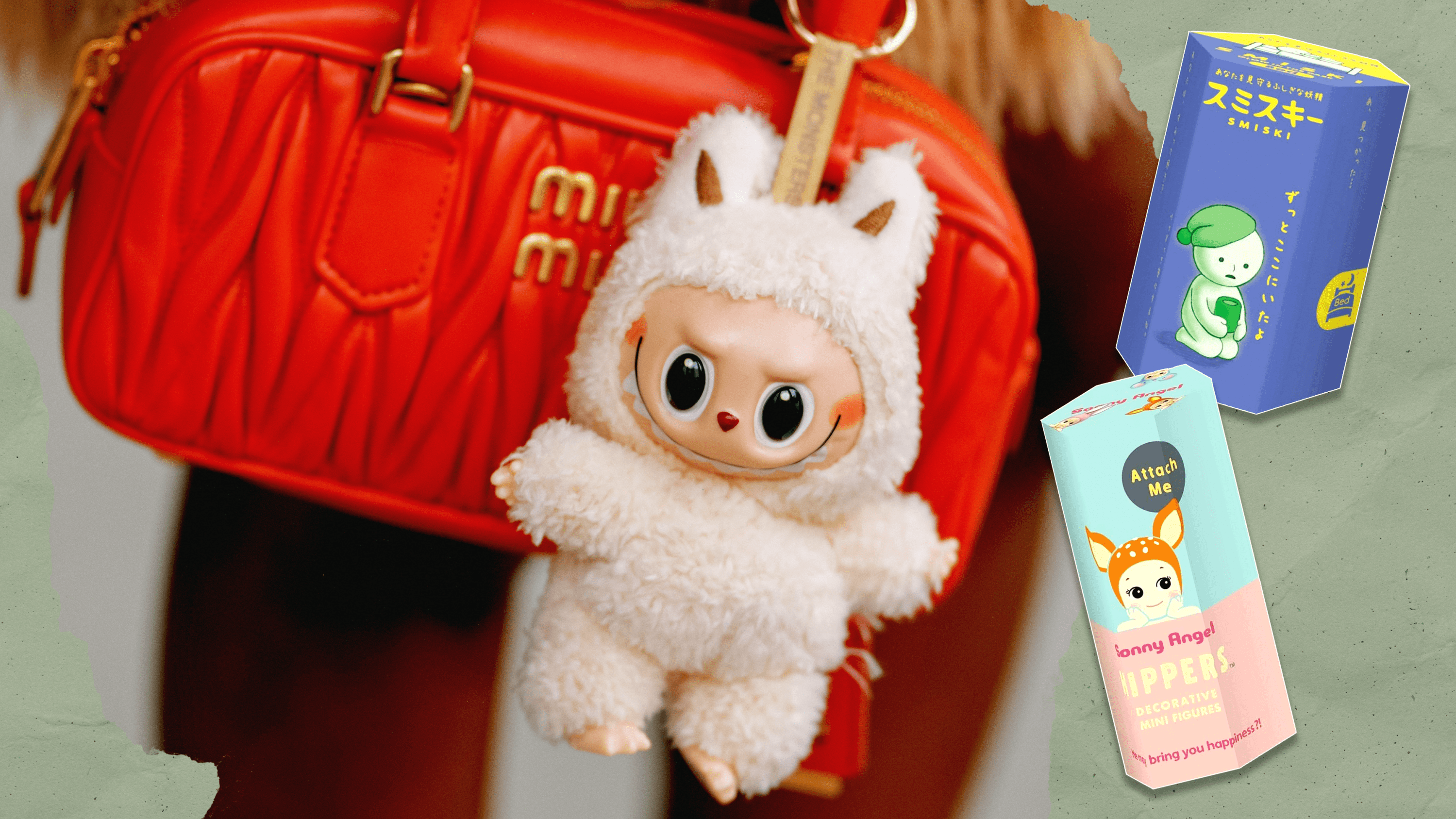 An image of a cream-colored Labubu attached to a bright orange Miu Miu purse with two blind boxes to the right (Smiski and Sonny Angel)