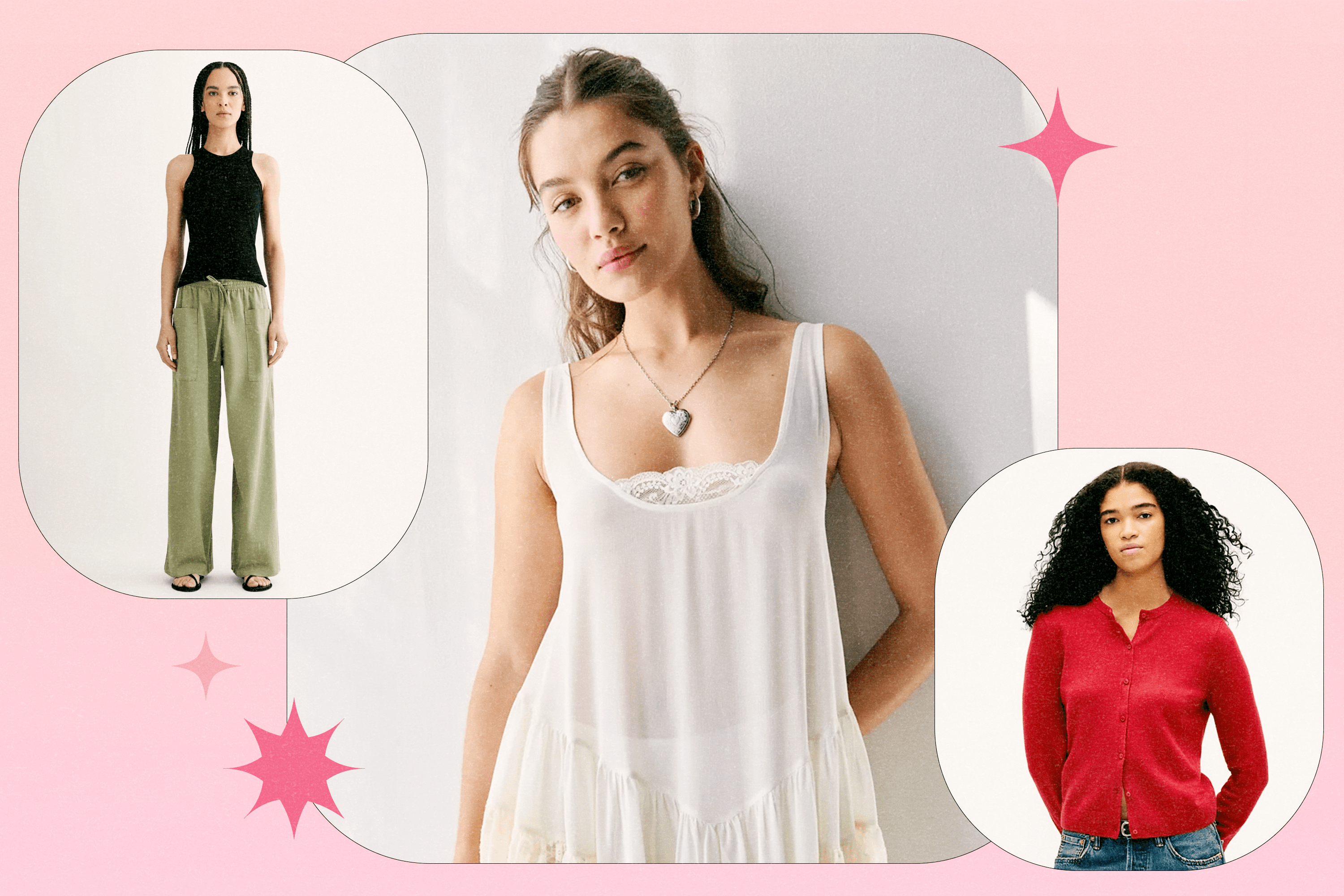 A collage of models wearing Everlane, Out From Under, and GAP.