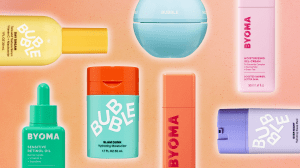 A mix of Bubble and Byoma skincare products on a colorful background
