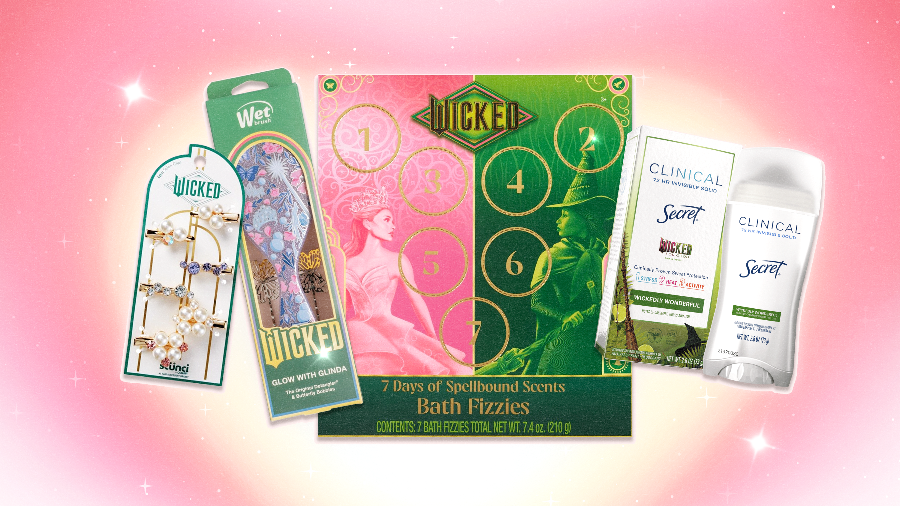 Left to Right: Wicked x scünci pearl clips, Wicked x Wet Brush Glinda hair brush, Wicked bath bomb advent calendar, Wicked x Secret deodorant stick