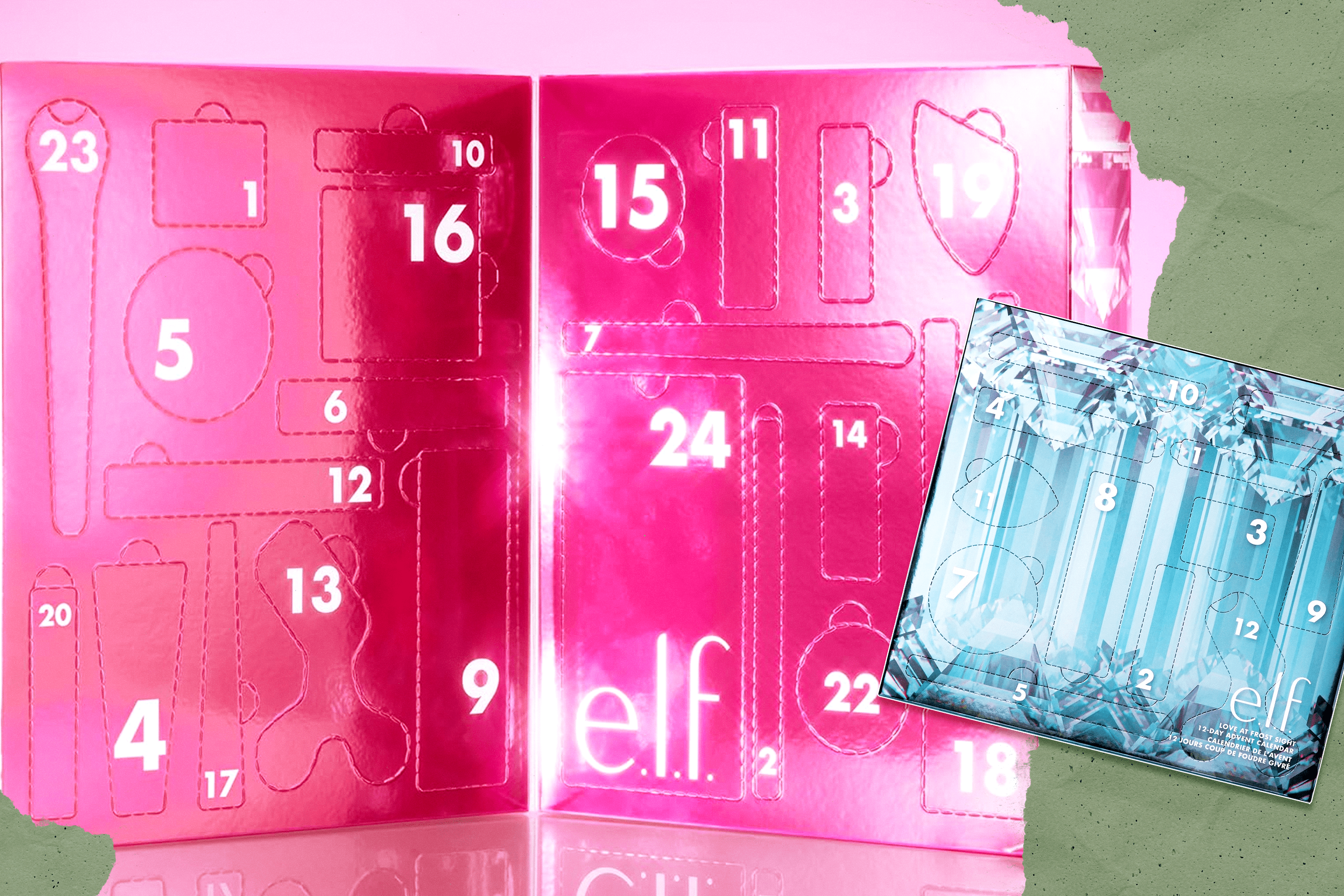 Left: e.l.f. Cosmetics Sleigh the Holidays 24-Day Advent Calendar 2025; Right: e.l.f. Cosmetics ve spots at the top of your holiday shopping list. The Glitz is e.l.f.ing Glitzing 24-Day Advent Calendar, Love at Frost Sight 12-Day Advent Calendar 2025