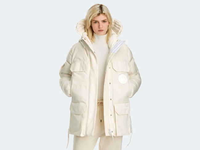 A model wearing the Canada Goose Paradigm Expedition Parka in white