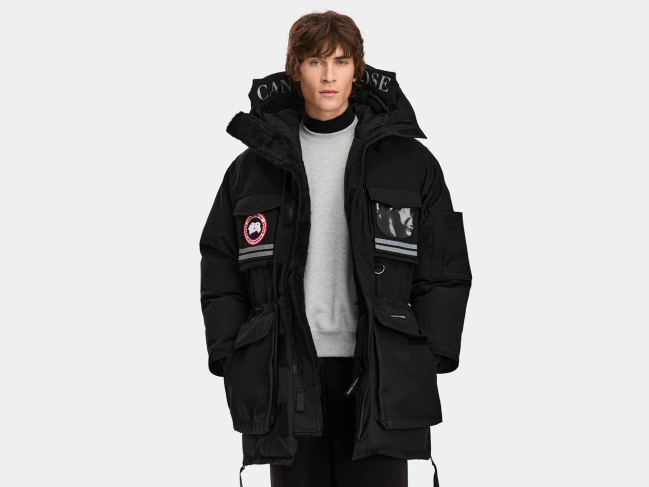 A model wearing the Canada Goose Snow Mantra Parka in black