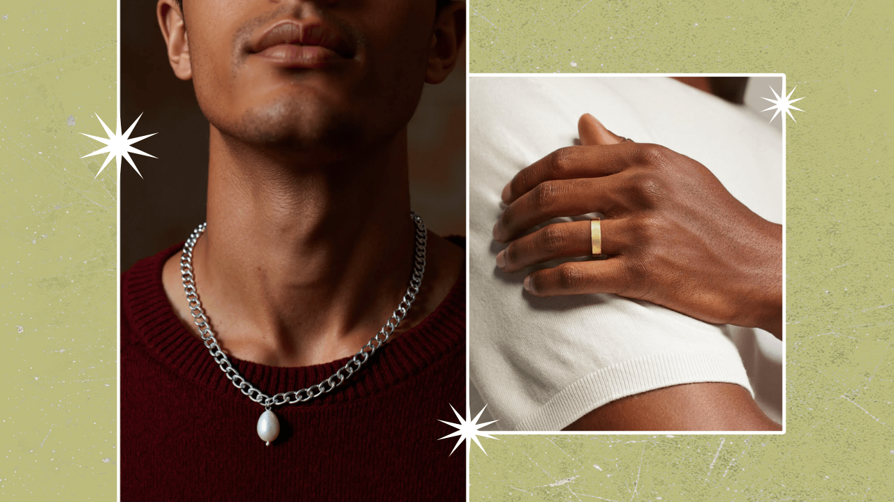 A green background with a man in a burgundy sweater wearing a silver chain necklace with a pearl pendant, and a man's hand with a wedding band.